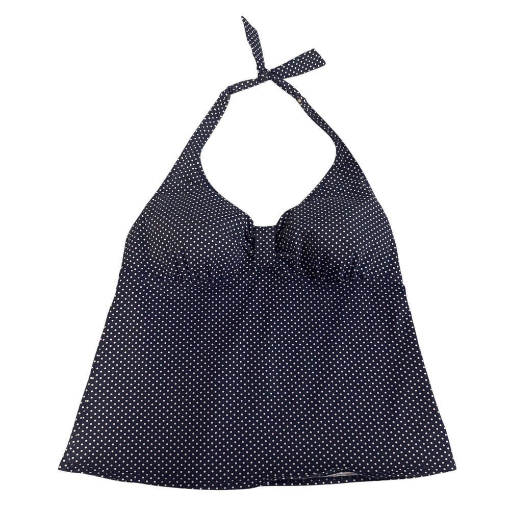 Lands End Tankini Top Polka Dot Halter Navy Blue White Swimsuit Sz 16 Retro 50s